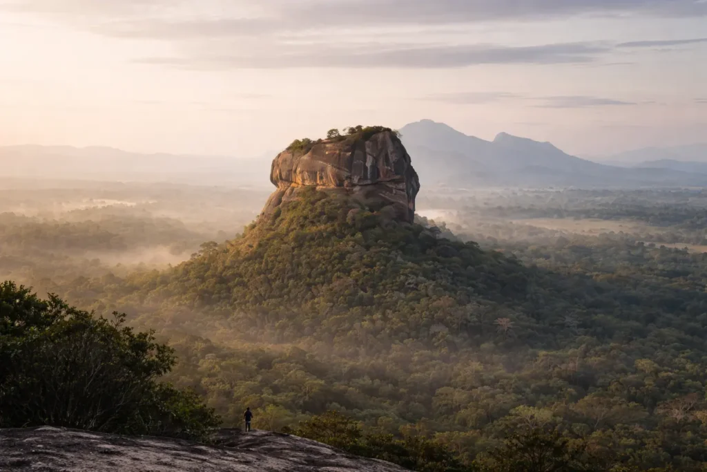 Sri Lanka cultural triangle — wide view of Sigiriya rock at early morning light