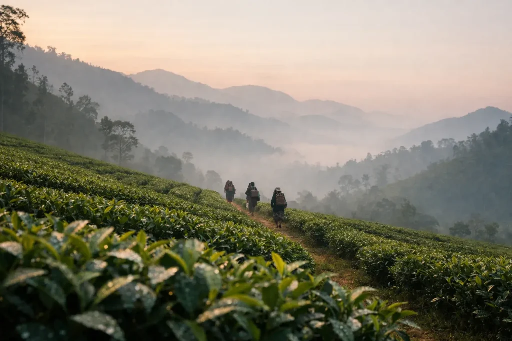 Sri Lanka tea country — morning mist over Ella tea plantations