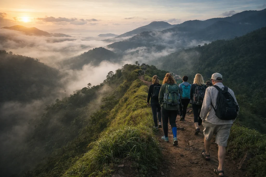 Hikers trekking along a misty mountain ridge in Sri Lanka’s Knuckles range at sunrise