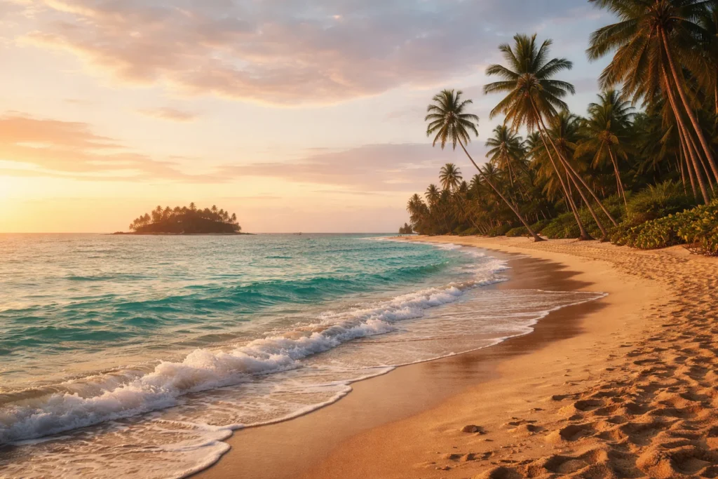 Palm‑fringed Sri Lankan beach with golden sand, turquoise water and a small island on the horizon at sunset