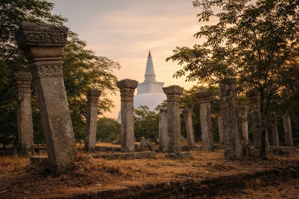 Ancient Sri Lankan stone stupas and temple pillars reflected in a lotus pond at sunset