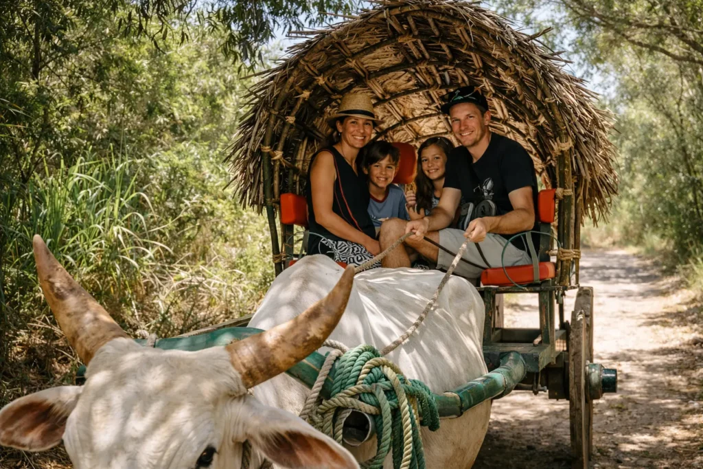 Family with children watching elephants at a watering hole in a Sri Lankan national park