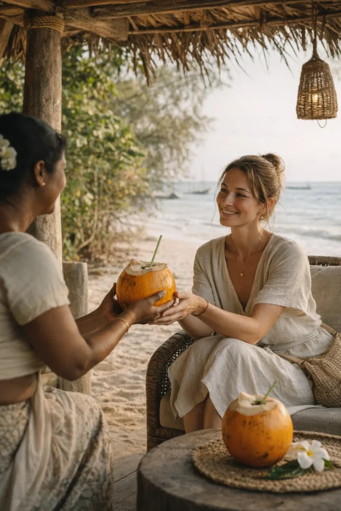 Female traveler being welcomed with a king coconut by a local host on a quiet Sri Lankan beach
