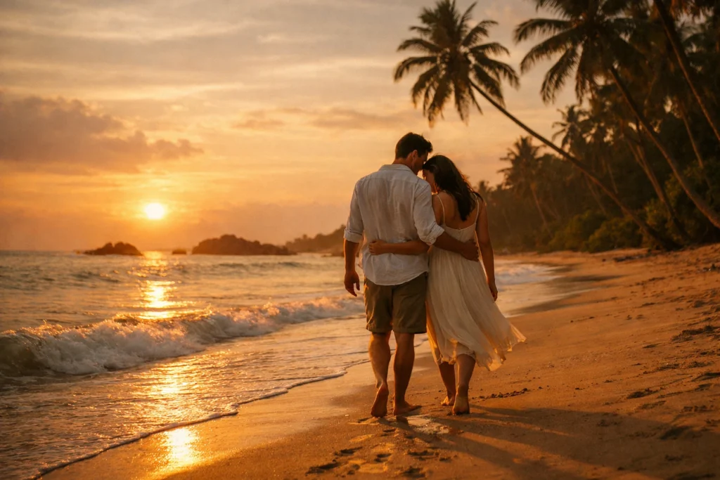 Couple walking on a secluded Sri Lankan beach at sunset with palm trees and gentle waves