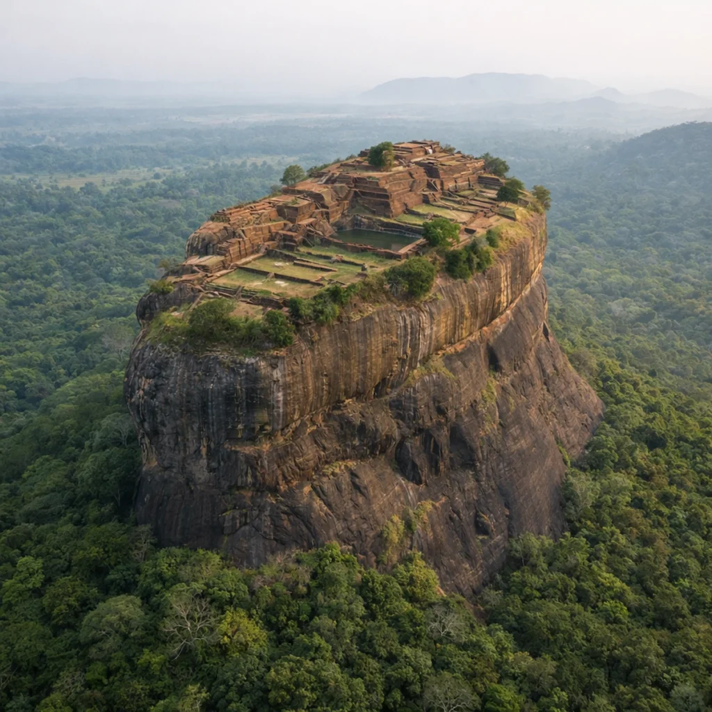 Scenic view of Sigiriya Rock in Sri Lanka rising above lush jungle in soft morning light.