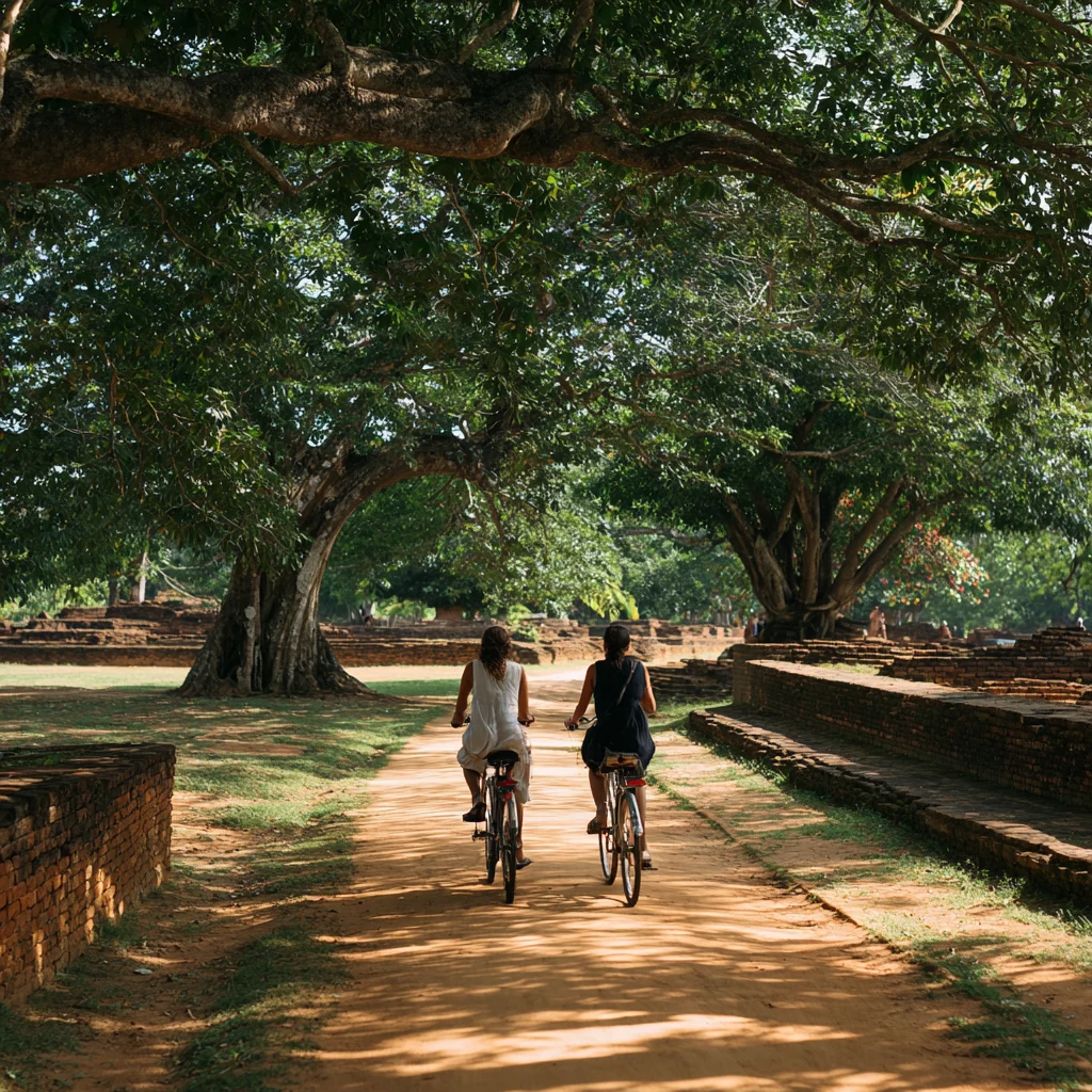 Adult women travelers on a bicycle tour through the ancient city of Anuradhapura in Sri Lanka