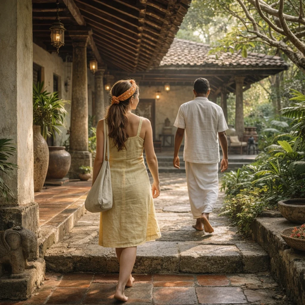 Couple walking barefoot at dusk on Sri Lanka’s southern coast