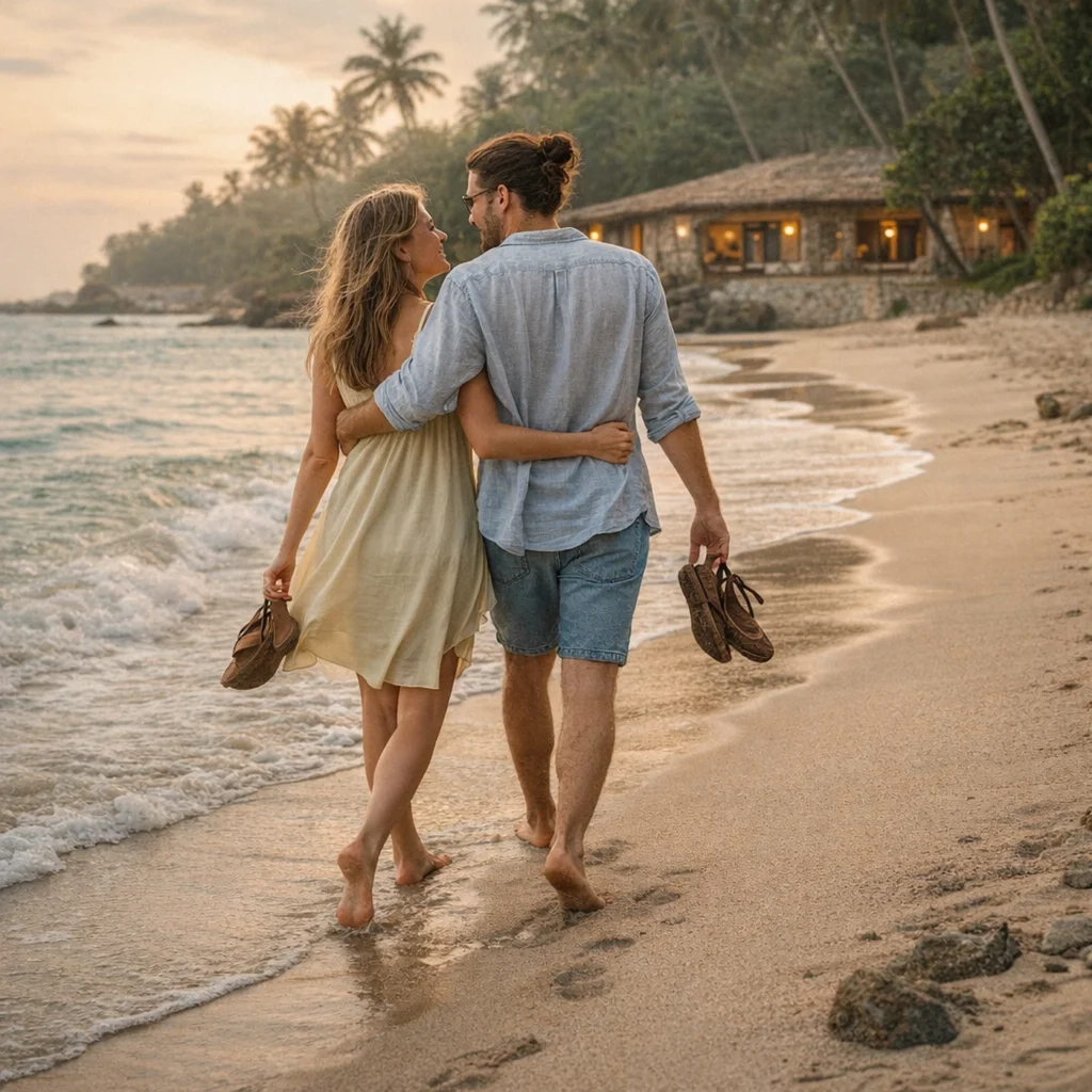 Couple walking barefoot at dusk on Sri Lanka’s southern coast