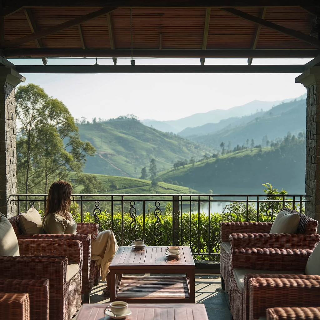 Traveler relaxing with tea on a misty veranda in Sri Lanka’s hill country