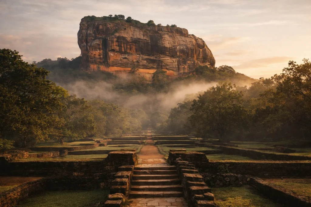 Iconic rock fortress rising above Sri Lanka’s lush jungle at dawn; terraced gardens and ancient stone steps bathed in golden light