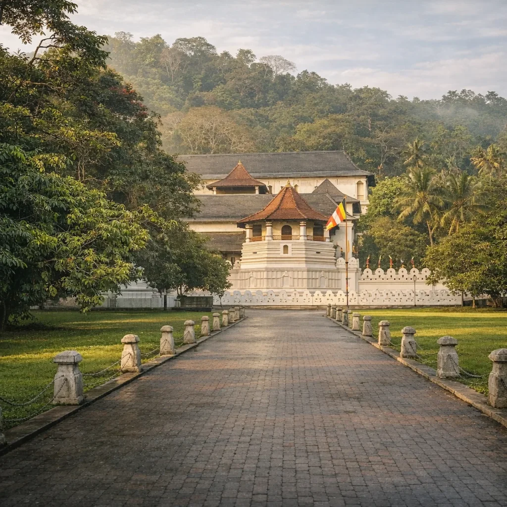 Sri Dalada Maligawa in Kandy, Sri Lanka, photographed in soft morning light with white temple walls, traditional roof details, and lush greenery.