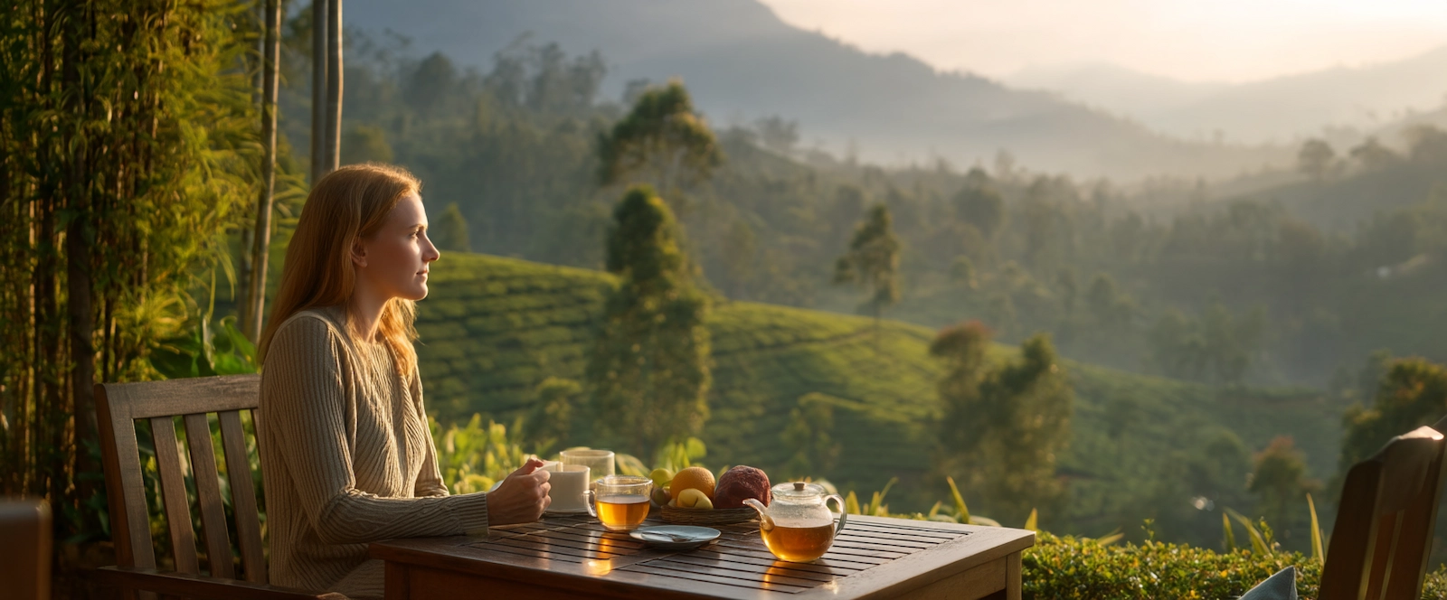 Young female traveller enjoying breakfast on a boutique hotel terrace in Sri Lanka’s tea country, overlooking misty tea plantations at sunrise.