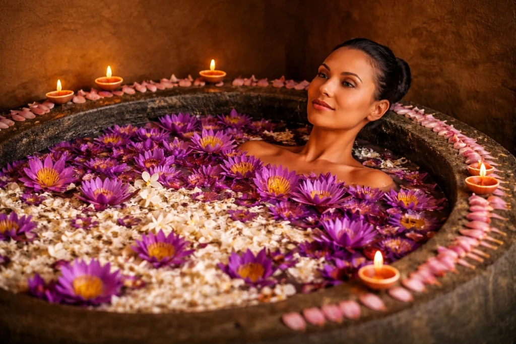 Ayurvedic therapist performing a herbal oil massage in an open‑air spa pavilion surrounded by tropical gardens