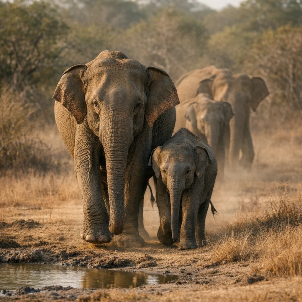 A herd of Sri Lankan elephants in Yala National Park walking through dry grassland in warm afternoon light.