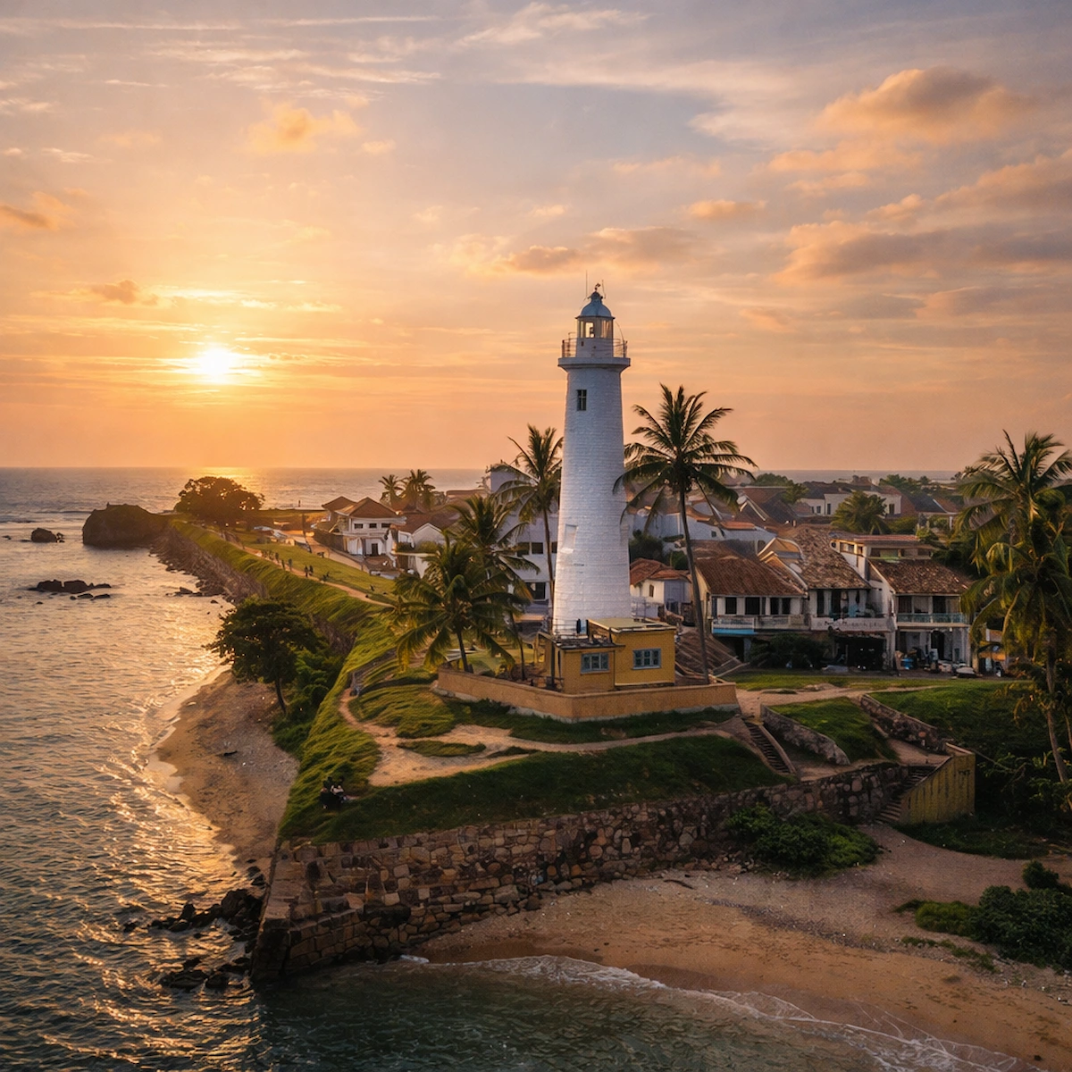 Galle Fort lighthouse and southern Sri Lankan coast at sunset